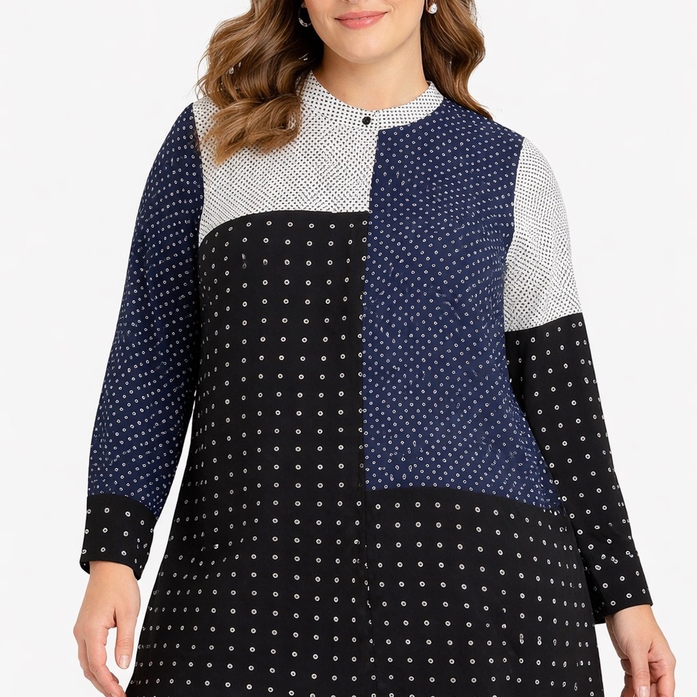 Alfani Long Sleeve Blue Black Colorblock Patchwork DotOversized Tunic Top 3X NWT